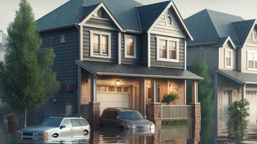 A realistic depiction of residential flooding showing a suburban neighborhood with several house partially submerged in floodwaters